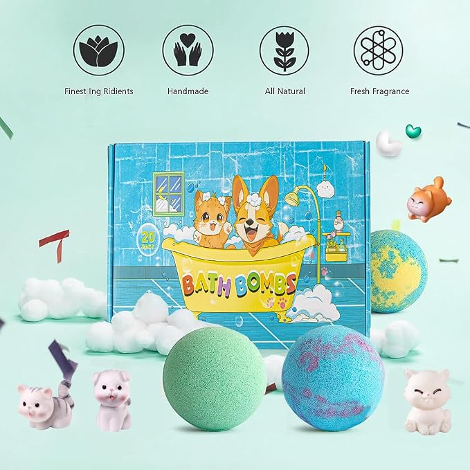 Kids Bath Bombs with Surprise Inside, 20 PackGift Set, Natural Organic Bubble Bath Kids Foam Bath