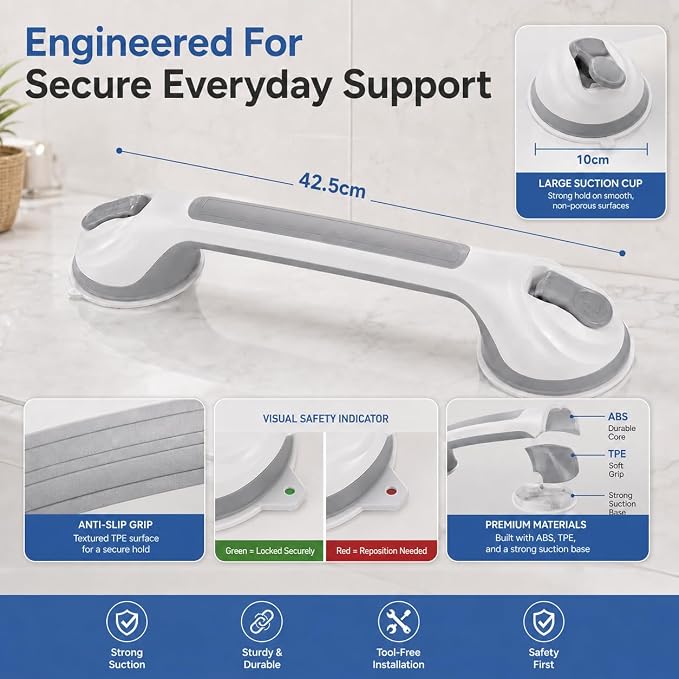 Grab Bars for Shower, 16.7 Inch Heavy Duty Suction Cup Handle, Dual Locking, No Drill Anti-Slip Support for Bathtub & Shower, Removable, 2 Pack