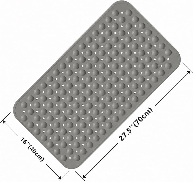 Bathtub Mat Non Slip, Odor-Free TPE with Suction Cups, Grey,27.5’’ x 16’’ | Soft shower bath mat with quick-drain holes and machine-washable care for clean, smooth tub surfaces; light and easy to lift.