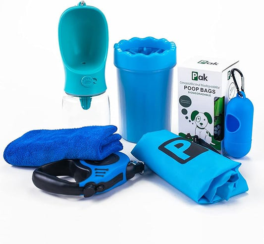 Pak Pooch Pack - Retractable Leash, Water Bottle, Paw Cleaner, Poop Bags - Small Dog Leash, Portable Dog Water Bottle