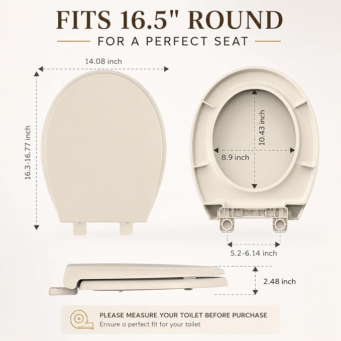 Round Toilet Seat Almond 16.5 Inch, Soft Close Toilet Seat, Quiet No Slam Toilet Lid, Easy Install & Quick Release, Durable PP Plastic, Easy Clean, Fits Most Standard Round Toilets, Almond