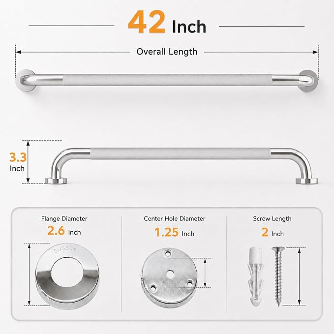 42 Inch Shower Grab Bar, Bathroom Grab Bar Handle with Anti-Slip Knurled Grip, Stainless Steel Bath Balance Bar, 1.25" Diameter Bath Safety Bar Support for Seniors Elderly Pregnant, Brushed Nickel