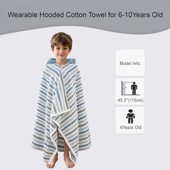 VOOVA & MOVAS Hooded Towel Wrap for Kids(6-10 Years, 57''x30'') | 100% Cotton | Soft Absorbent Fast-Drying | Versatile Beach, Pool, Swim & Bath Cover-Up, Multicolor Stripe