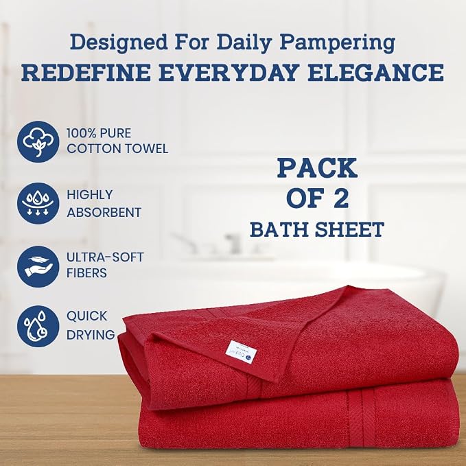 Casa Lino Bath Sheets Set Extra Large - 100% Cotton Extra Large Bath Towels - Highly Absorbent & Quick Dry Oversized Towels for Adults - 36"x72" - Pack of 2 - (Red)