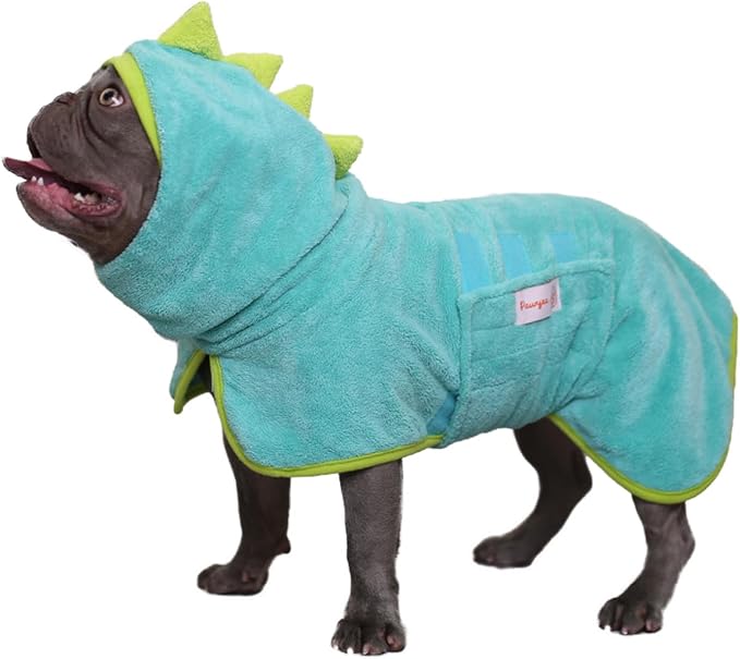 Pawyee Super Soft Fast-Drying Dog Towel with Drying Gloves for Cold Weather, Beach, Pool - Adjustable Microfiber Bath Robe Set (2 pcs) for Cats and Dogs (XL, Blue Dino)