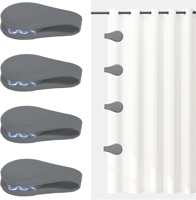 Magnetic Silicone Shower Curtain Clips for Liners,Self-Adhesive Shower Curtain Magnetic Keeper,Windproof Splash Guards to Keep Water in Shower,Easy Installation Shower Clips for Curtain 4 Packs (Grey)