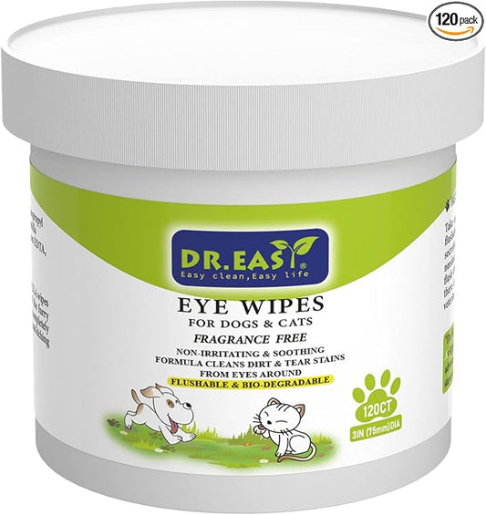 DR.EASY Pet Eye Wipes 120 Ct for Dog Cat Horse & Rabbit Grooming,Tear stain remover,Puppy Kitty eye wash,Remove dirt crust dried mucus discharge secretions, Unscented soft & gentle,Plant Based Formula
