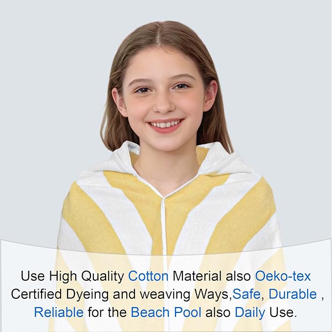VOOVA & MOVAS Teens Hooded Towel (8Years Up) | Soft Absorbent 100% Cotton Thick Towel Wrap for Big Kids | Versatile Beach, Pool, Swim & Bath Cover-Up,Yellow White Stripe