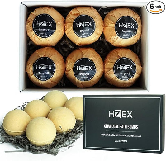 HZEX Charcoal Activated Bath Bombs for Men – Detox with Handmade Organic 6 Pack Bath Bomb Set, up to 3 Scents (Sandalwood, Bergamot, Ocean), Individually Wrapped (Bergamot)