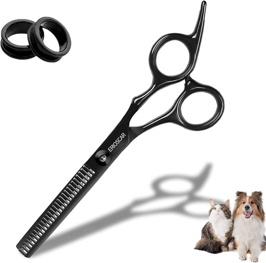 Professional Dog Grooming Scissors, 28 Teeth Thinning Shears, Black Titanium Stainless Steel, Safety Round Tip