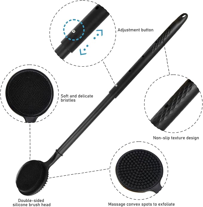 OZNER 24 Inches Silicone Back Scrubber for Shower - Extendable Long Handle Shower Brush with Dual-Sided Bristles - Exfoliating Body Scrubber for Sensitive Skin - Perfect for Men & Women (Black)