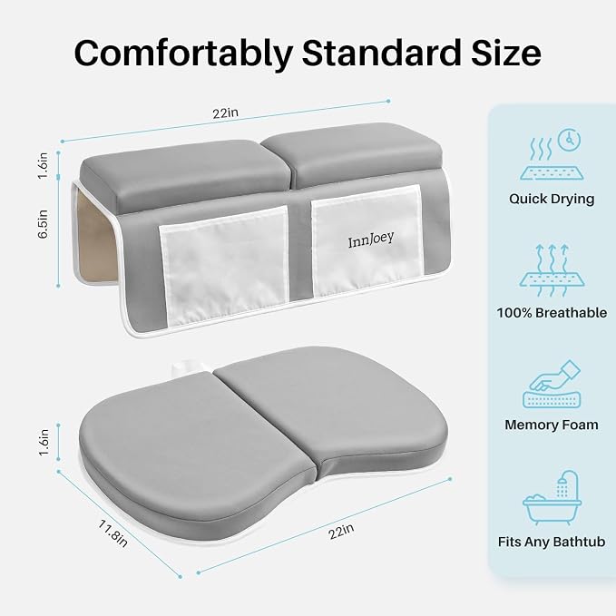 Bath Kneeler and Elbow Rest Pad Set, 1.6'' Extra Thick Bath Support for Knees and Elbows, Memory Foam Bath Mat with Toy Organizer Pockets, Quick-Dry Kneeling Pad for Bathing Grey