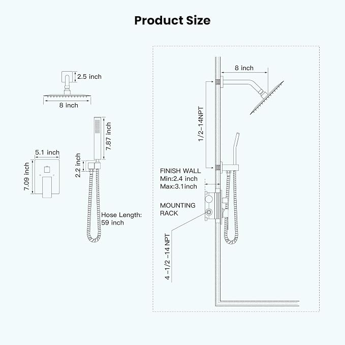 gotonovo Rainfall Bathroom Shower System Rain Shower Head and Handle Set Wall Mounted Shower Complete Combo Solid Brass Pressure Balancing Shower Mixer Valve 8 Inch Matte Black