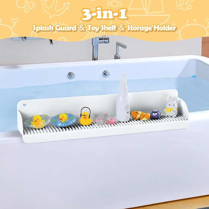 AGPTEK 24 Inch Bathtub Splash Guard with 10 Suction Cups, Silicone Tub Water Splash Guard for Bathtub, Bath Toy Tray Holder Play Shelf for Kids, Universal for Bathroom, Kitchen Sink (White) | Silicone Tub Water Splash Guard for Bathtub, Bath Toy Tray H...