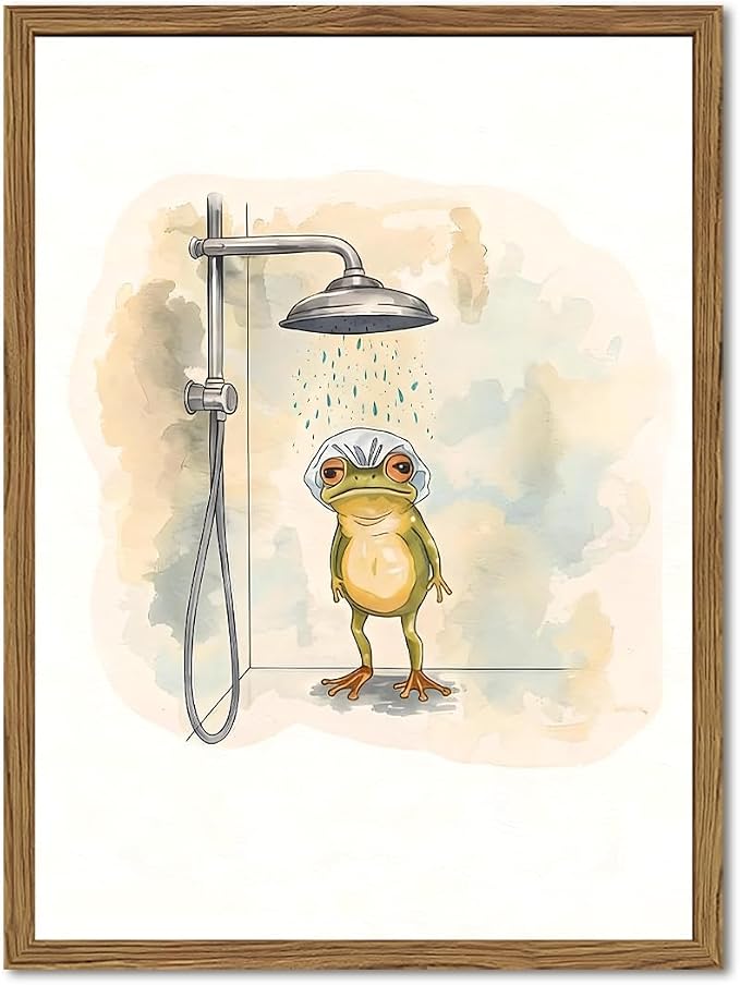 Funny Frog Bathroom Wall Art Cute Frog Bathroom Wall Decor Picture Whimsical Animal Shower Poster Canvas Print Painting for Restroom 16x24 inch Wood Framed