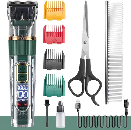 Dog Hair Clippers,Dog Grooming Clippers Kit with Led Display,Pet Clippers Grooming for Dogs Thick Coats,Low Noise Heavy Duty Pet Hair Shaver Trimmers (Green)