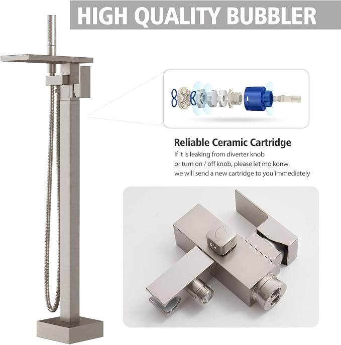 Hoimpro Floor Mount Bathtub Faucet Freestanding Waterfall Tub Filler, Brushed Nickel Single Handle High Flow Shower Faucets Mixer Bathroom Tub Faucets with 2 Function Hand Shower Wand