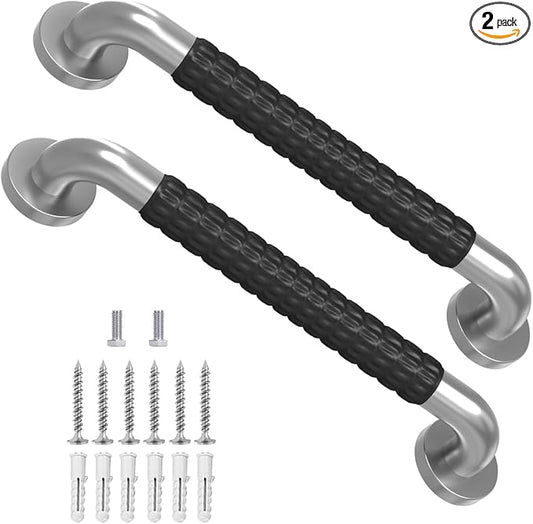 Metal Industrial Stairs Grab Wall Handrail Staircase Steps Indoor Exterior Outdoor Deck Hand Rail Safety Grab Bar Handle for Stairs Bars Wall Elderly Grab Frame Pipe (12 Inch 2 Pack Rubber)
