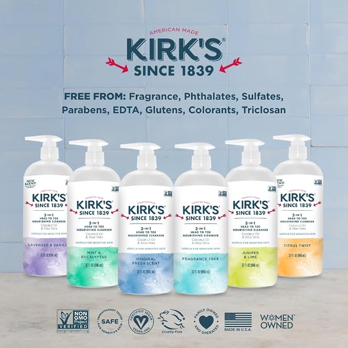Kirk's Original Fresh 3-in-1 Nourishing Cleanser, Shampoo Body Wash Bubble Bath, Coconut Oil and Aloe Vera, Vegan Non-GMO, 32 Fl Oz