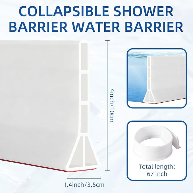 4'' High Shower Threshold Water Dam, 67" Long Collapsible Shower Water Splash Guard, Self-adhesive Shower Barrier