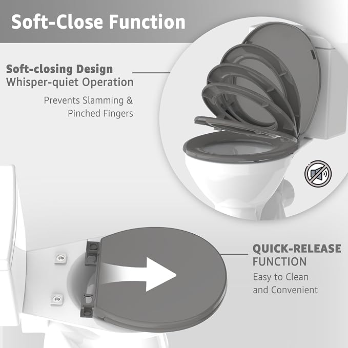 Toilet Seat Round 16.5 Inch with Quick Release-Quick Connect. White Round Toilet Seat with Soft Close. PP Material Safe, Easy Clean and Install, Sturdy Accessories Never Loosen,2 Years Support, Grey