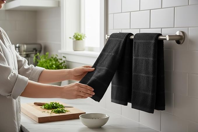 Serafina Home Black Textured Kitchen Hand Dish Towels 100% Cotton Cloth Soft Cleaning Drying Absorbent Terry Loop: Set of 3 Multipurpose for Everyday Use