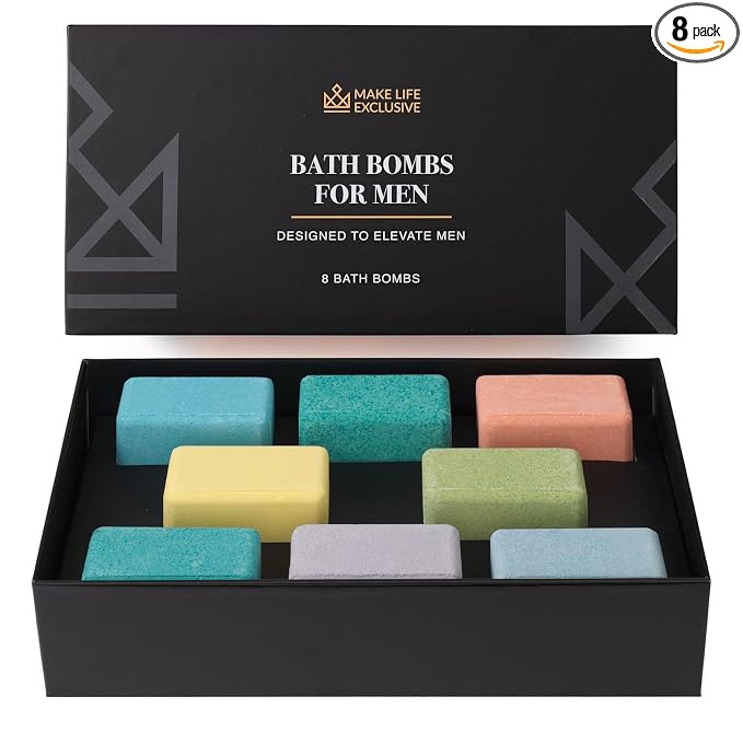 Bath Bombs for Men – 8 Large Block Shape Natural Mens Bath Bombs | Relaxing Bubble Bath Set & Bubble Bath Balls for Men | Masculine Scents & Skin Soothing Gift Set