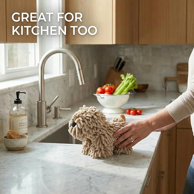 Cute Dog Chenille Hand Towel, 3D Puppy Hangable Fuzzy Ball Hand Towel Microfiber Super Soft Absorbent Bathroom & Kitchen Towels with Hanging Loop, Can Be Placed on the Sink Countertop (Khaki+Khaki)