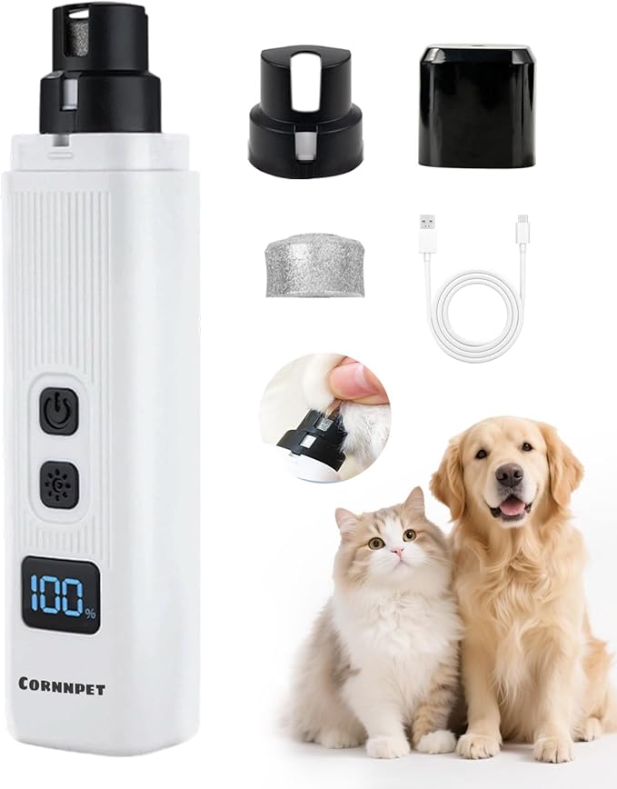 Electric Dog Nail Grinder with 2 Level LED Lights, 2 Speed 30dB Super Quiet and Low Vibration Turbo Charge Pet Nail Grinder for Small Dogs and Cats - White