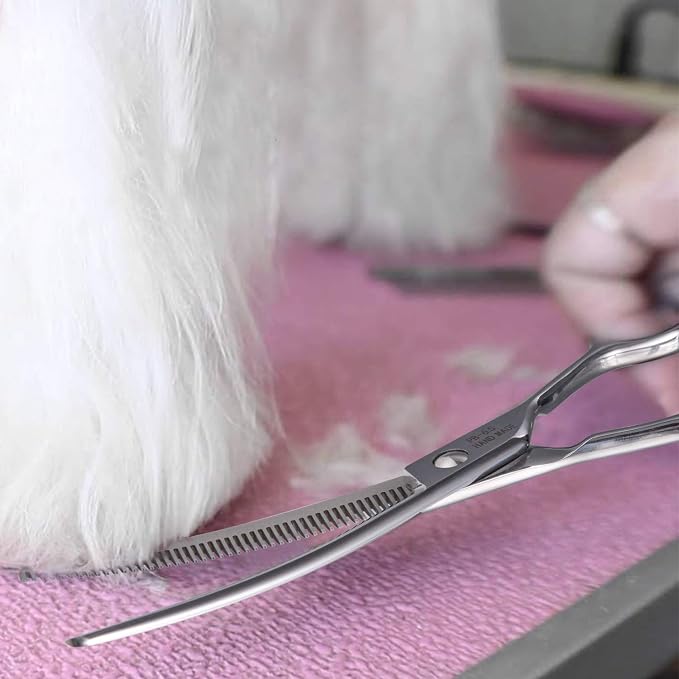 PURPLEBIRD 6.5 Inch Downward Curved Dog Grooming Scissors Pet Thinning Texturizing Shears Professional Safety Blunt Tip Trimming Shearing for Dogs Cats Face Paws Limbs Japanese Stainless Steel Silver