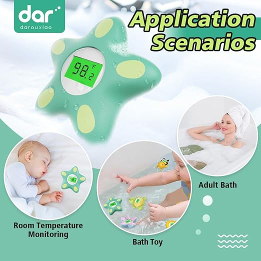 Baby Bath Thermometer for Infant & Toddler, Floating Digital Water Temperature Thermometer with 3-Color LED Backlight, Instant Accurate Reading,Baby Bath Toy,Hot & Cold Alert（Green starfish）