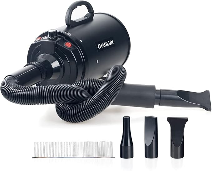 Dog Dryer for Pet Grooming, High Velocity Pet Hair Dryer with Heater, Adjustable Speed, 3 Nozzles and a Comb, Black