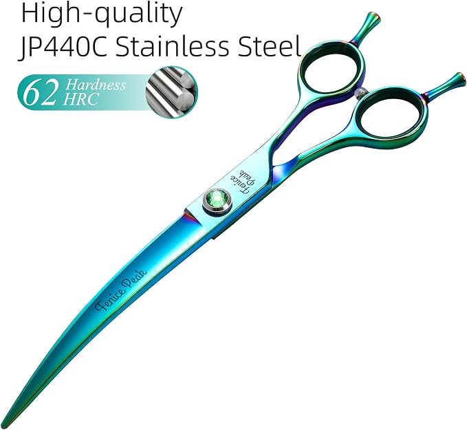 7.5'' Green Curved Dog Grooming Scissors Pet Shears with Ergonomic Offest Handle and Simulated Emerald Screw 440C Grooming Scissors Trimming Shears Durable and Sharp