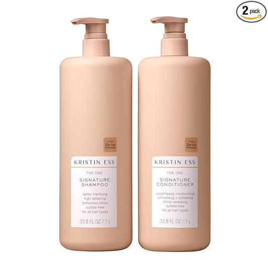 Kristin Ess Signature Shampoo and Conditioner Set with Pumps | Daily Sulfate Free, Color Safe, Hydrating, Moisturizes, Adds Softness & Shine - Pear Fragrance, 33.8 fl oz each 2-pack