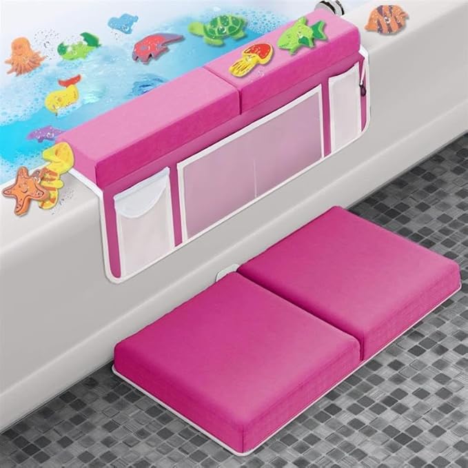 Bath Kneeler – 8 Suction Cups & 1.5" Thick Padding. Award Winning Baby Bath Kneeler and Elbow Rest Pad Set with 5 Bath Toy Organizer Pockets. Non Slip Fast Drying Baby Bath Essentials by Supa Ant-Pink
