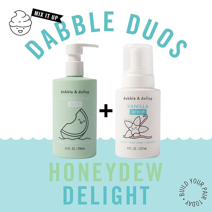 Dabble & Dollop Honeydew + Vanilla Kids 3-in-1 Body Wash, Shampoo & Bubble Bath Bundle – Gel + Foam Whip Set, Tear-Free, Gentle, Natural-Origin, Hypoallergenic and Safe for Sensitive Skin (Pack of 2)