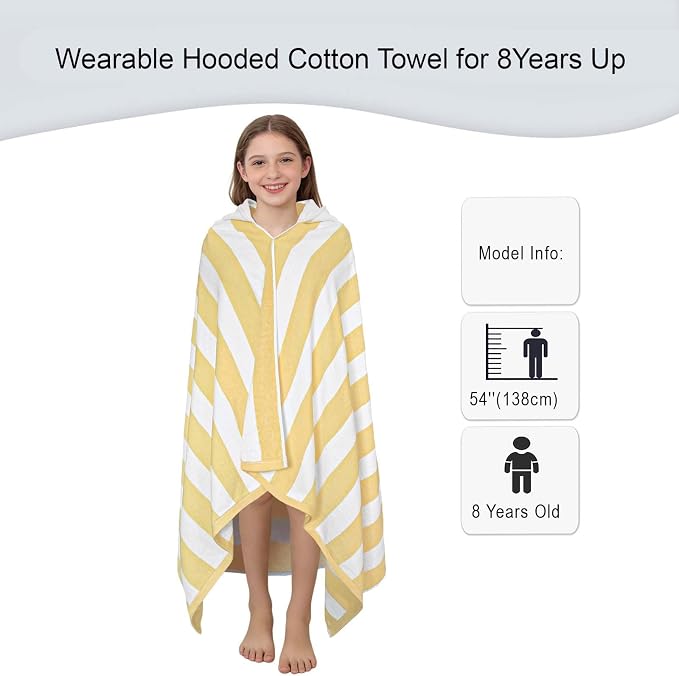 VOOVA & MOVAS Teens Hooded Towel (8Years Up) | Soft Absorbent 100% Cotton Thick Towel Wrap for Big Kids | Versatile Beach, Pool, Swim & Bath Cover-Up,Yellow White Stripe