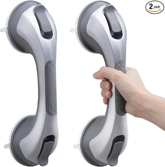TAILI Shower Handles for Elderly Suction, 2 Pack 12 Inch Shower Grab Bars for Seniors, Grab Bars for Bathtubs and Showers, No Drilling Removable Safety Shower Grip, Silver,G9