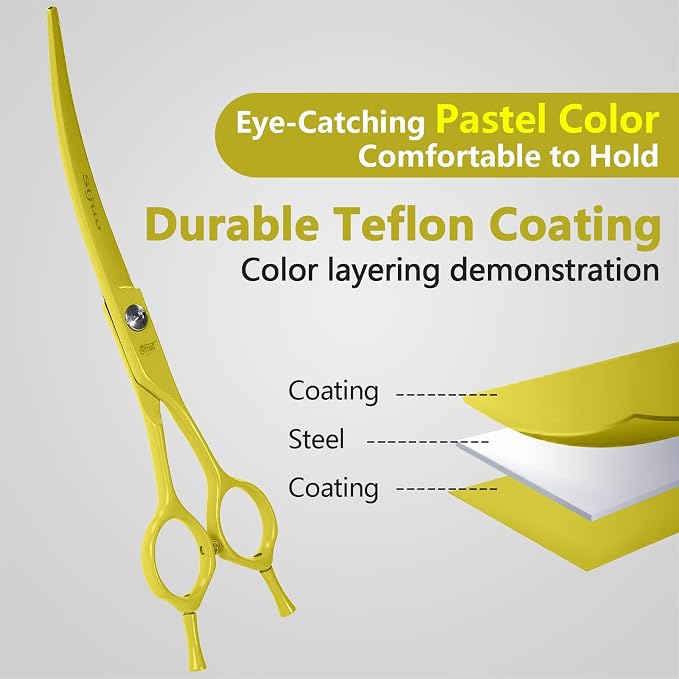 Professional Dog Grooming Scissors: 7" Japanese 440C Steel, Curved Shears with 25-30° Blade for Pet Groomers (Yellow)
