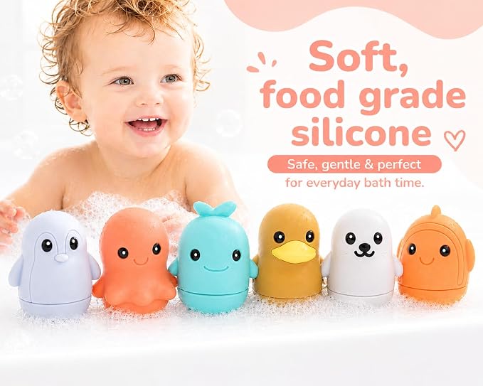 Silicone Bath Toys, Opens for Cleaning, Baby Bath Toys 9M+, Toddler Bath Toys 1-3, Bathtub Toys, Ocean Friends 6-Piece Set