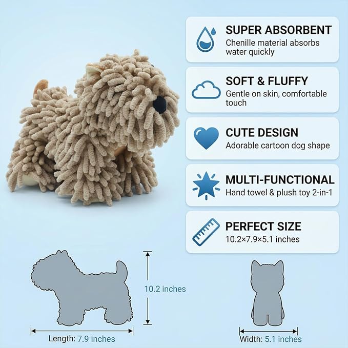 Cute Dog Chenille Hand Towel, 3D Puppy Hangable Fuzzy Ball Hand Towel Microfiber Super Soft Absorbent Bathroom & Kitchen Towels with Hanging Loop, Can Be Placed on the Sink Countertop (Khaki+Khaki)