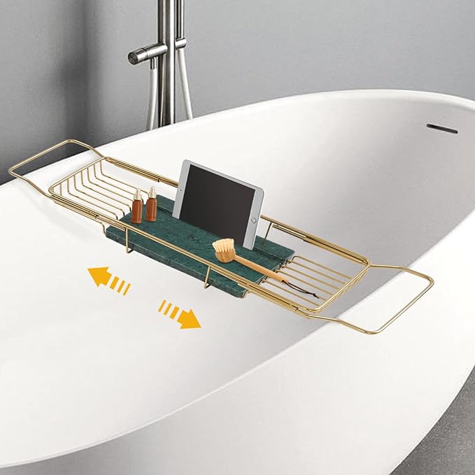 Bathtub Tray Caddy for Luxury Bath, Stainless Steel 26.8-35.4 in Expandable Extra Wide Bath Tub Tray with Natural Marble and Mobile/Tablet Stand, Ideal for Home Spa Lovers (Gold + Green)