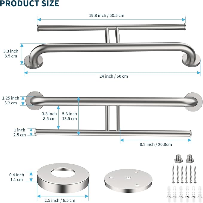 Brushed Nickel Handicap Grab Bars 24 Inch, Stainless Steel Bathroom Safety Grab Bar w/Toilet Paper Holder, Wall Mounted Tissue Paper Roll Holder, Assistance Toilet Shower Handle for Elderly Senior