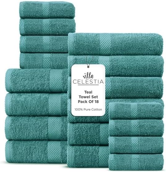 Villa Celestia 100% Cotton Bath Towel Set of 18-4 Bath Towels, 6 Hand Towels, 8 Wash Cloths, Sustainable, Soft, Highly Absorbent, Combed Cotton 18 Piece Set for Hotels, Spa, Bathroom, Dorm, Teal