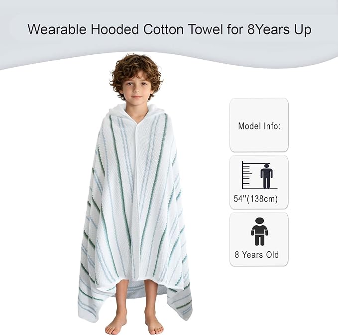 VOOVA & MOVAS Hooded Bath Towels for Teens/Big Kids (8Years Up) | Soft Absorbent 100% Cotton Thick Towel Wrap | Versatile Beach, Pool, Swim & Bath Cover-Up | WhiteBlueGreen