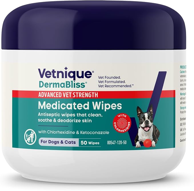 Vetnique Dermabliss Chlorhexidine & Ketoconazole Medicated Dog Wipes, 50ct Small | Antibacterial & Antifungal Anti-Itch Wipes for Hot Spots, Yeasty Paws, Smelly Skin Folds & Allergy Relief, Dogs & Cats