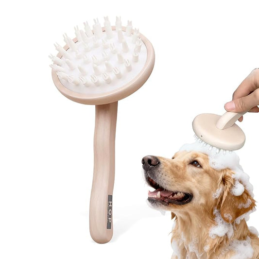 HOP Dog Bath Brush with Wooden Handle Dog Washing Brush for Dogs&Cats | Soft TPR Bristles,Beech Wood Handle,Massage Shampoo Brush,Pet Grooming Tool,Remove Loose Hair Deep Cleansing