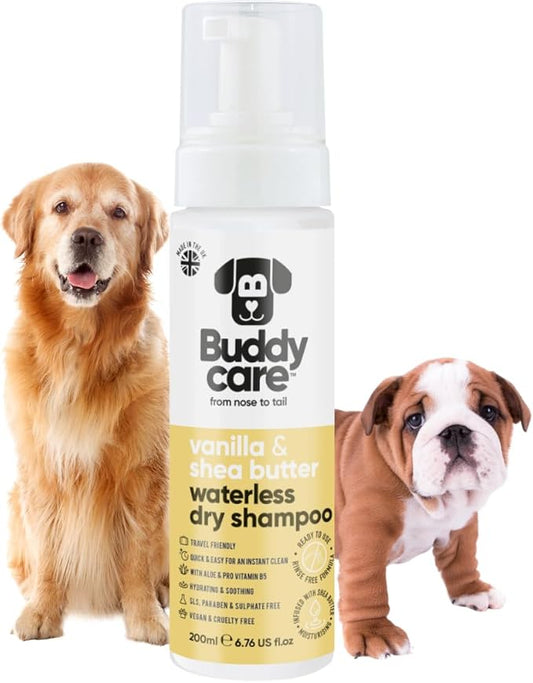 Vanilla & Shea Butter Waterless Dry Dog Shampoo by Buddycare | Deep Cleansing Shampoo for Dogs | Fresh Scented | with Aloe Vera and Pro Vitamin B5 (6.75 fl oz)