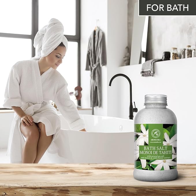 AROMATIKA Bath Salt Monoi de Tahiti 21.16 Oz (600g) - Coconut and Gardenia Flowers Scent - Relaxing Bath - Good Sleep - Aromatherapy - Sea Salt Bath