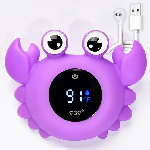 Crab Baby Bath Thermometer Toy - Digital Floating Water Thermometer with LED Display, Color Temperature Alerts & Safe Bath Sensor for Newborn, Infant Bathtub Essentials
